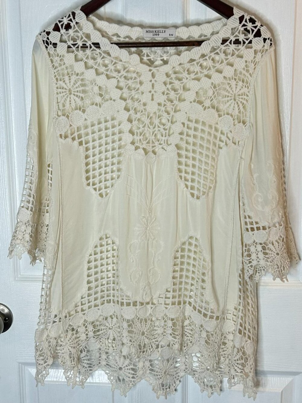 Miss Kelly 1999 Ivory Crochet Lace & Embroidered Boho Tunic – S/M